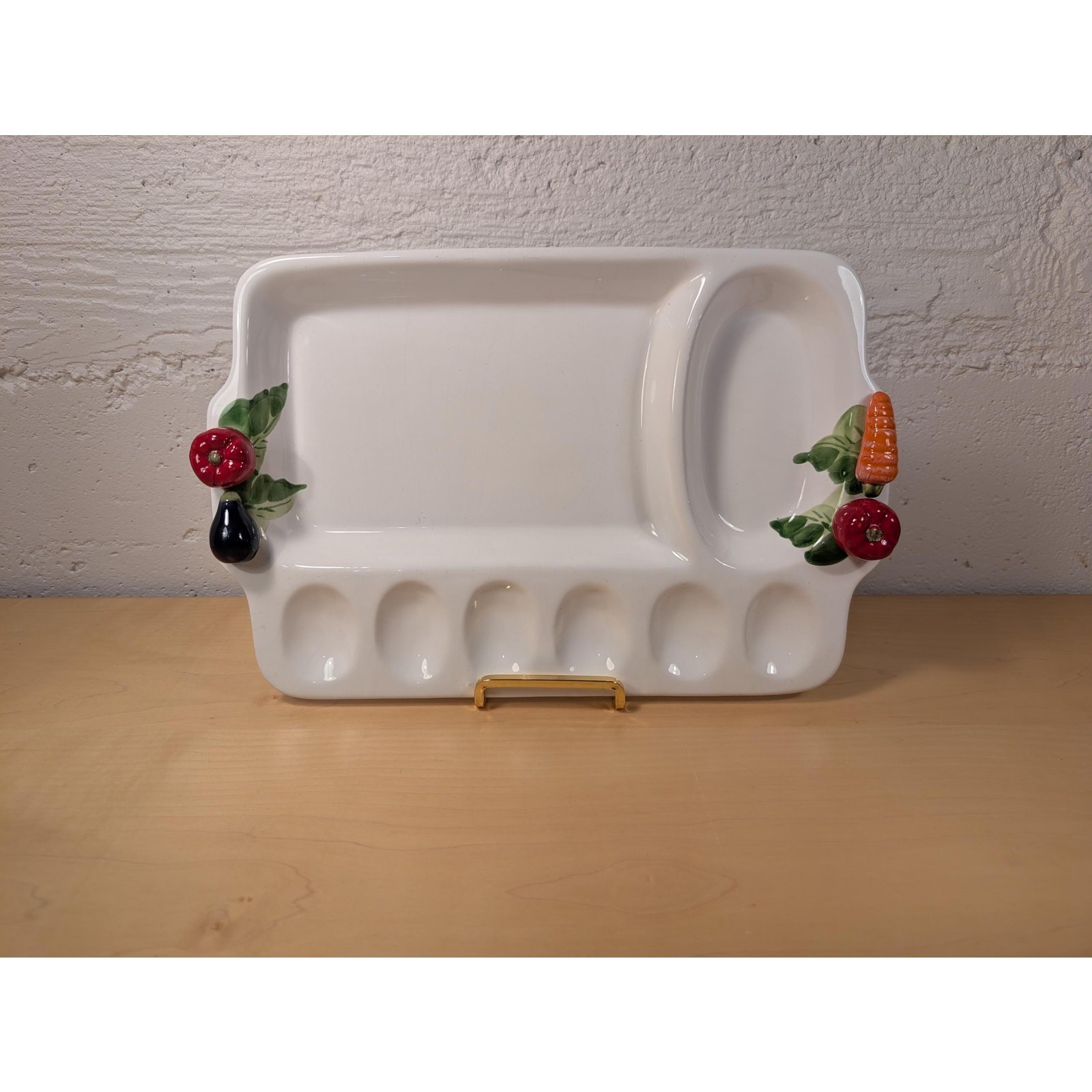 Vintage Hand-Painted Vegetable Ceramic Deviled Egg & Cracker Serving Platter