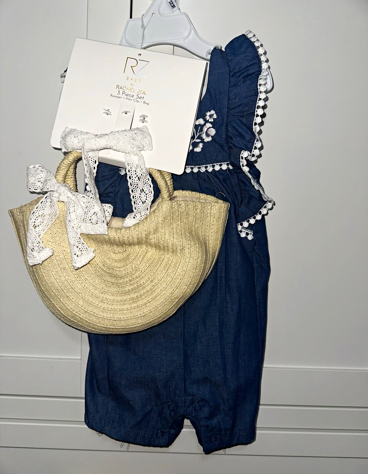 RZ Baby by Rachel Zoe Girls 3-Pc Blue Romper Set 12m Bag & Hair Clip