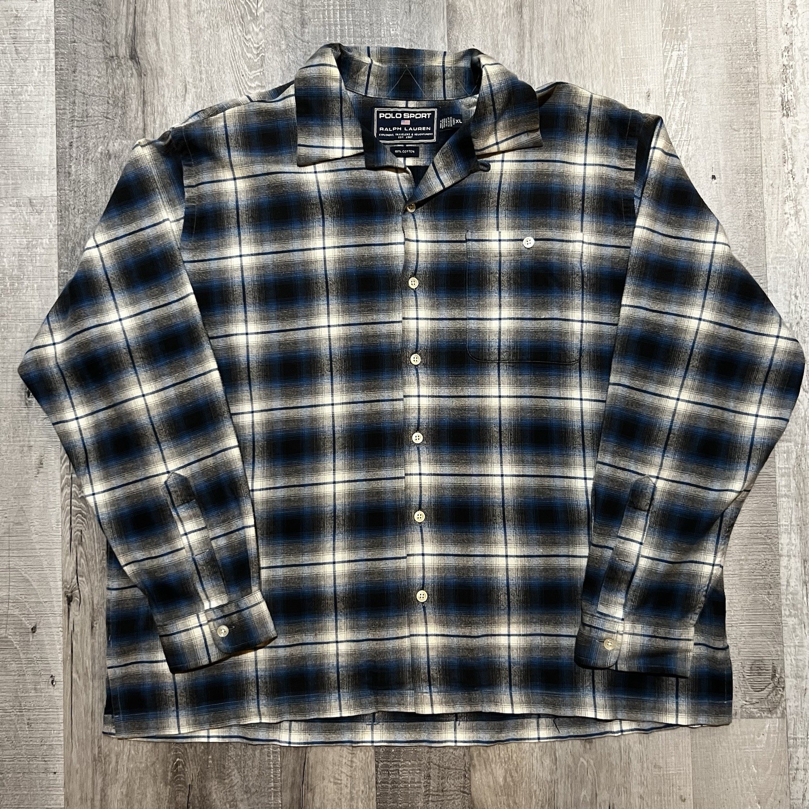 VTG Polo Sport Ralph Lauren Blue Shadow Plaid Cotton Loop Collar Shirt Men\'s XL VTG Polo Sport Ralph Lauren Blue Shadow Plaid Cotton Loop Collar Shirt Men\'s XL