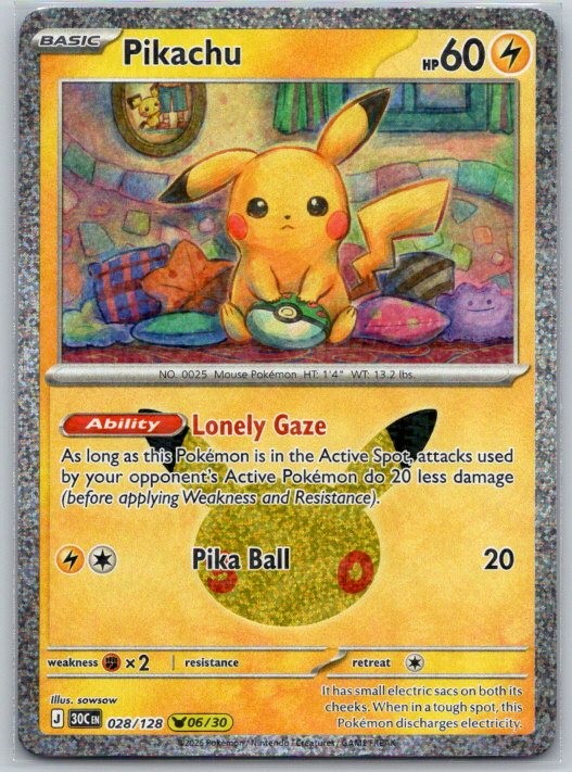 Pikachu 028/128 Holo Pikachu Rare ME: 30th Celebration Pokemon Near Mint Pikachu 028/128 Holo Pikachu Rare ME: 30th Celebration Pokemon Near Mint
