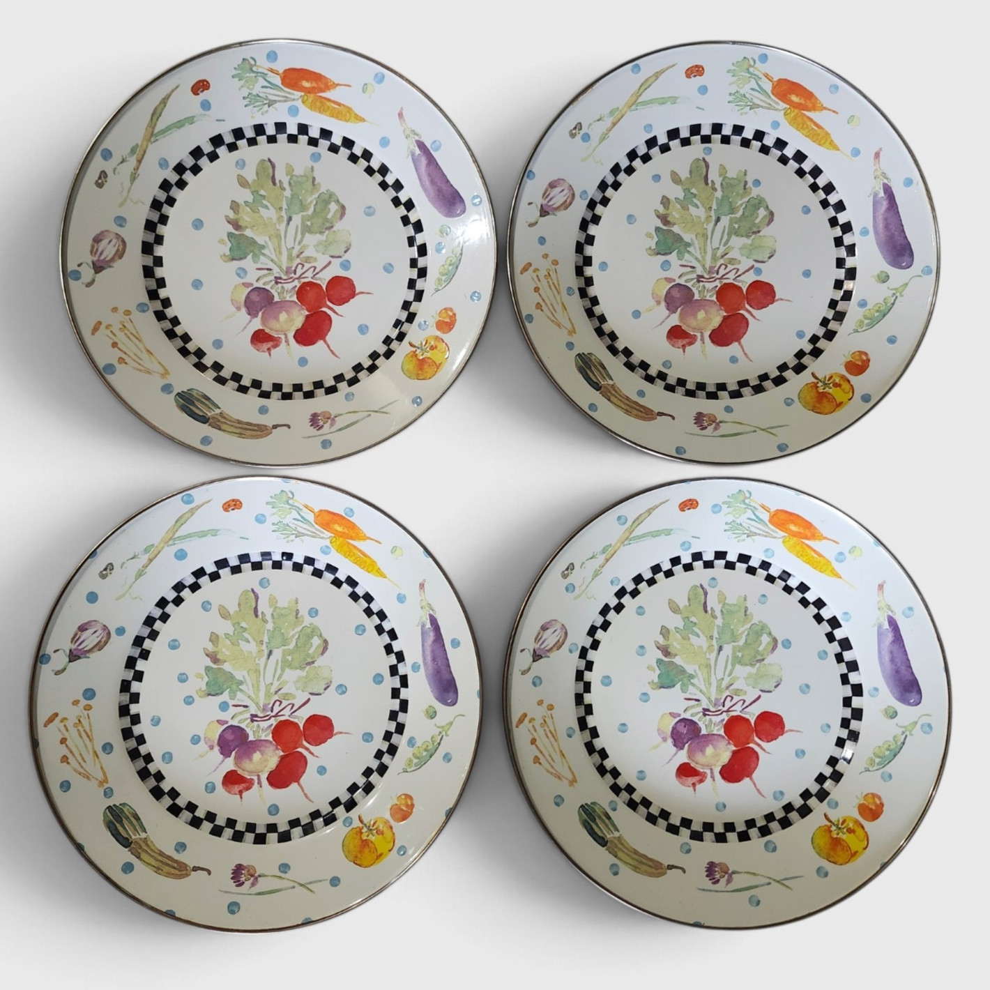 Rare Set 4 Mackenzie Childs  Vegetable Garden Check Enamel Dinner Plates 10.25\