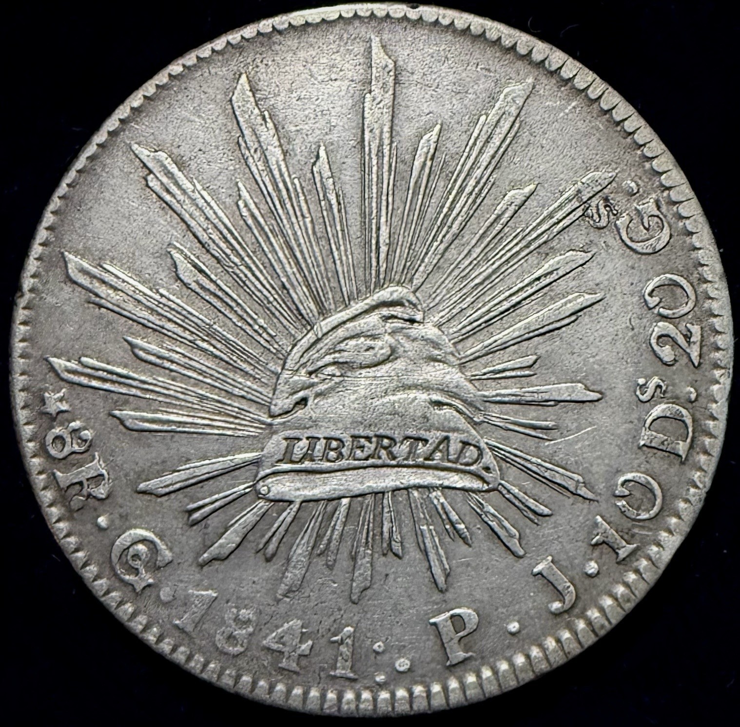 1841/31-Go PJ Mexico 8 Reales Silver Scarce Overdate Guanajuato Mint KM#377.8 XF