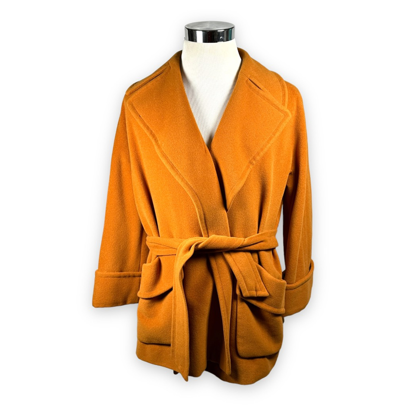 Vintage Loewe Jacket Coat Womens Medium Orange Open Cashmere Wool Belted Pockets
