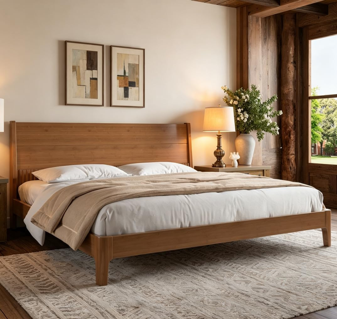 King Size Bamboo Platform Bed, Mid-Century Modern Bed Frame with 39.4 Tall Headb