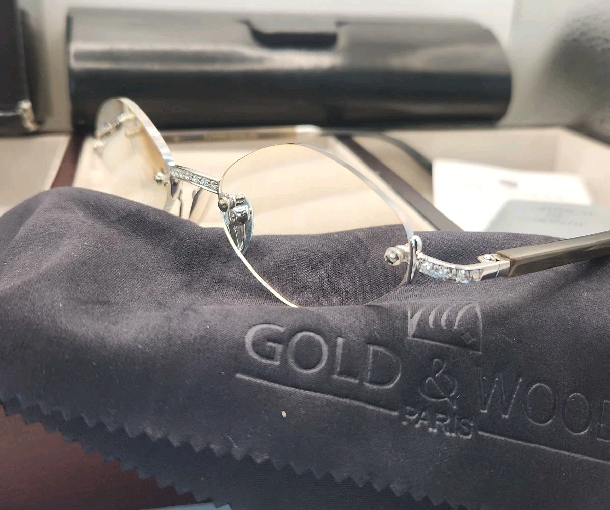 Gold & Wood Paris 18K White Gold Diamond Horn Rimless Eyeglasses France