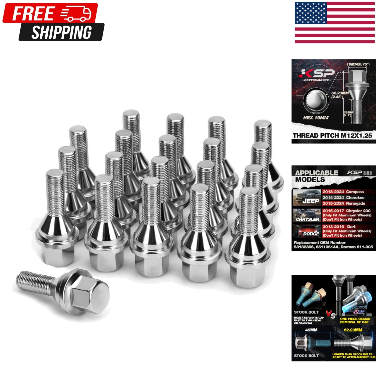 KSP 20Pcs M12X1.25 Wheel Lug Bolts for Jeep Renegade Cherokee Compass Dart