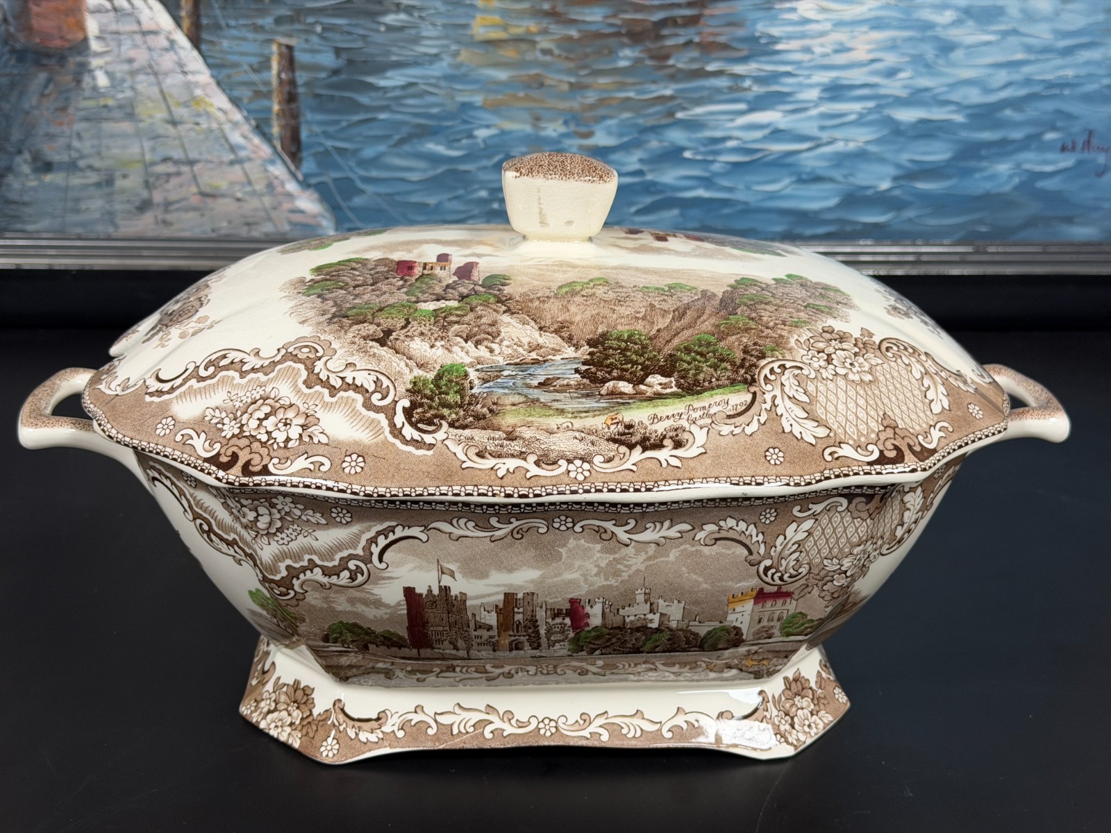 Amazing soup/ deep rectangular form tureen with castle scene decorations. Amazing soup/ deep rectangular form tureen with castle scene decorations.
