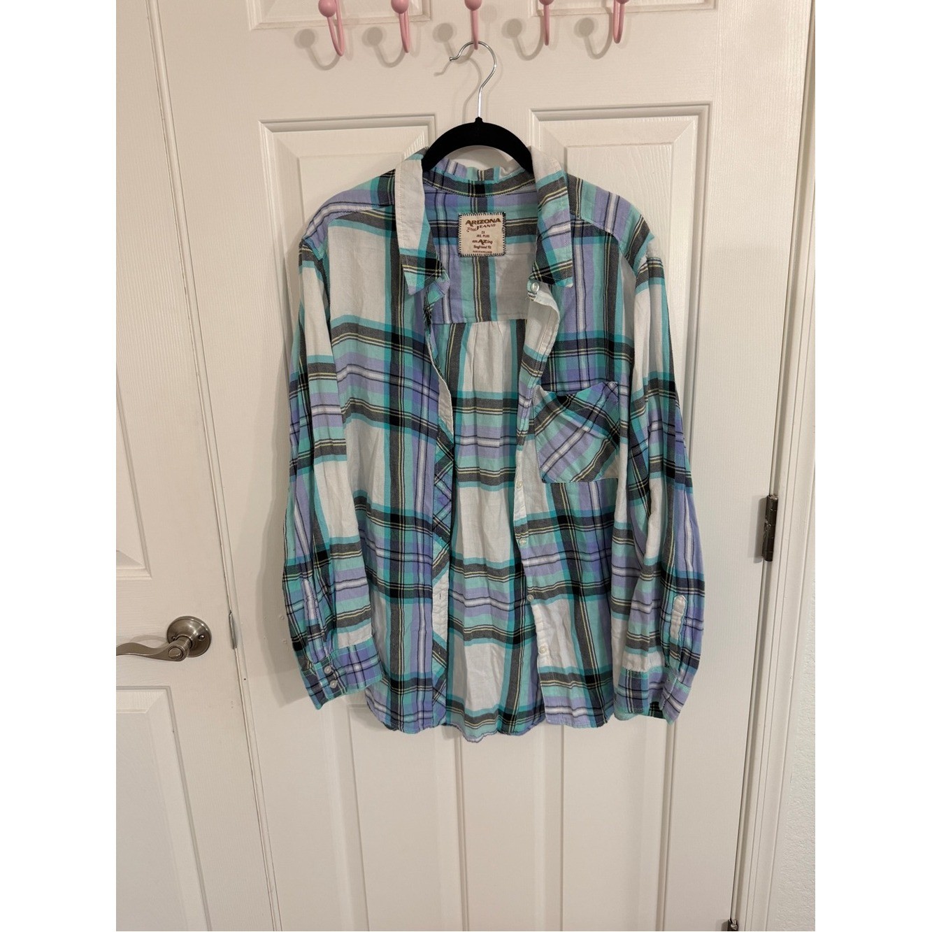 Arizona Jean Co 2X Teal Blue Plaid Flannel Button Down Boyfriend Shirt Grunge