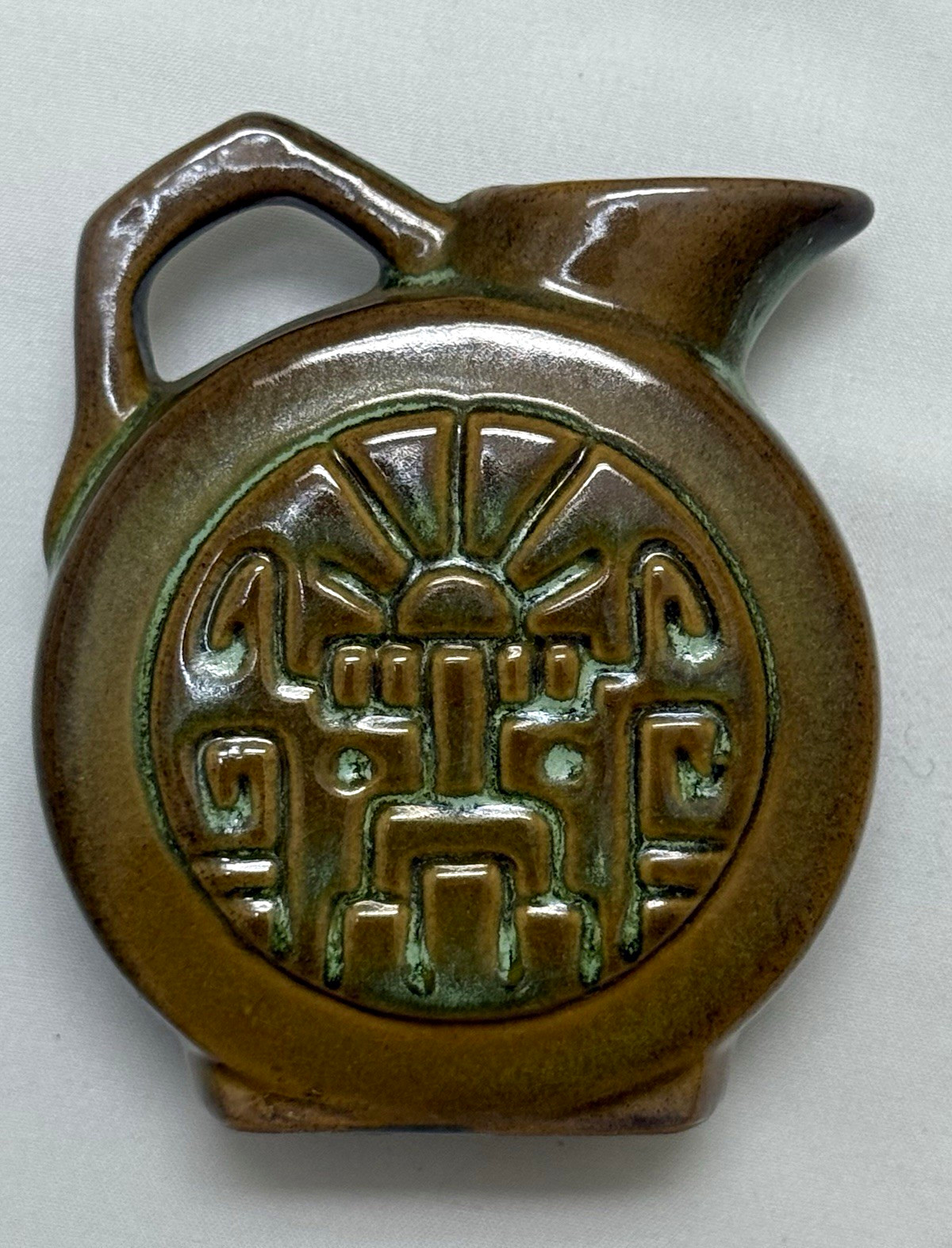 Frankoma Pottery 551, Mayan-Aztec pattern mini pitcher Radcliffe Supply Promo Frankoma Pottery 551, Mayan-Aztec pattern mini pitcher Radcliffe Supply Promo