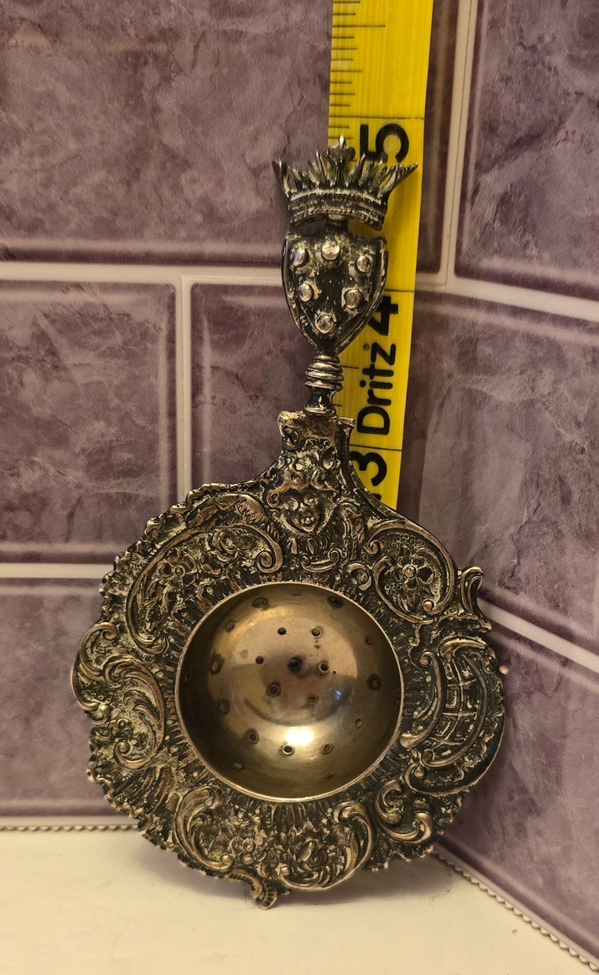 Antique fine 800 Silver Tea Strainer Italy Crown Immaculate Ornate Design Antique fine 800 Silver Tea Strainer Italy Crown Immaculate Ornate Design