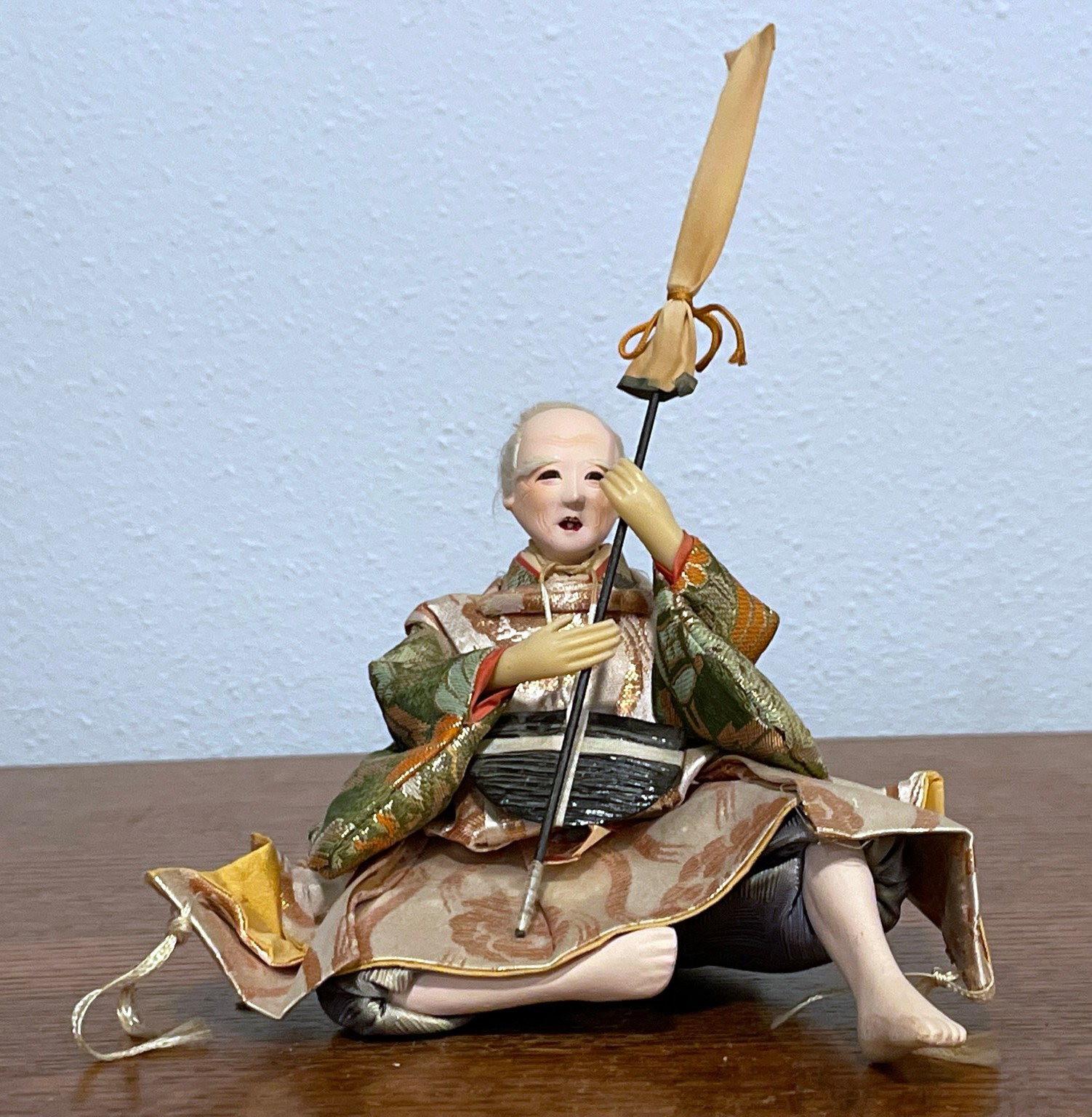 Japanese Ningyo Doll Elderly Man Seated Brocade Kimono Staff Vintage Figure Japanese Ningyo Doll Elderly Man Seated Brocade Kimono Staff Vintage Figure