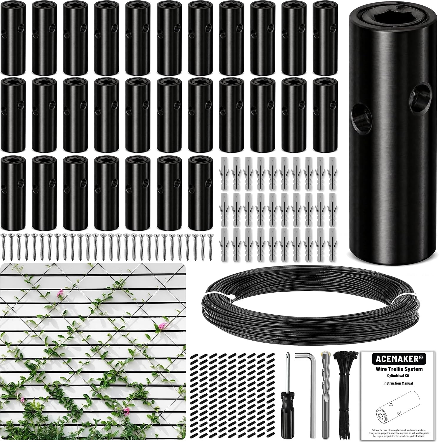 Wire Trellis Kit, 30-Set 1/8” Black Cylindrical with 150Ft Cable