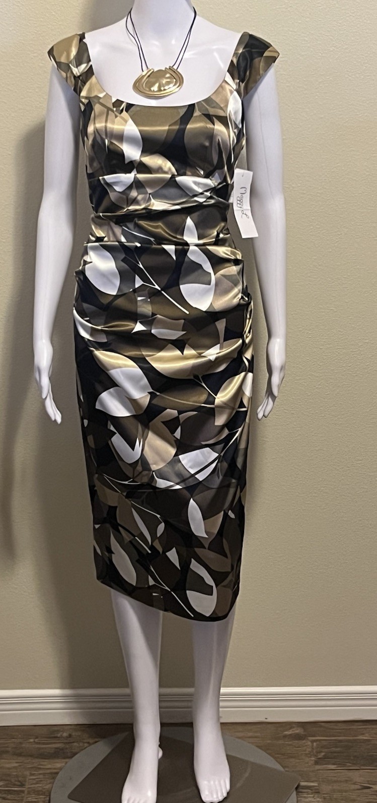 Vtg Y2K Maggy L Sz 6 Stretch Satin Sheath Dress Olive Camo Ruched Party Cocktail Vtg Y2K Maggy L Sz 6 Stretch Satin Sheath Dress Olive Camo Ruched Party Cocktail