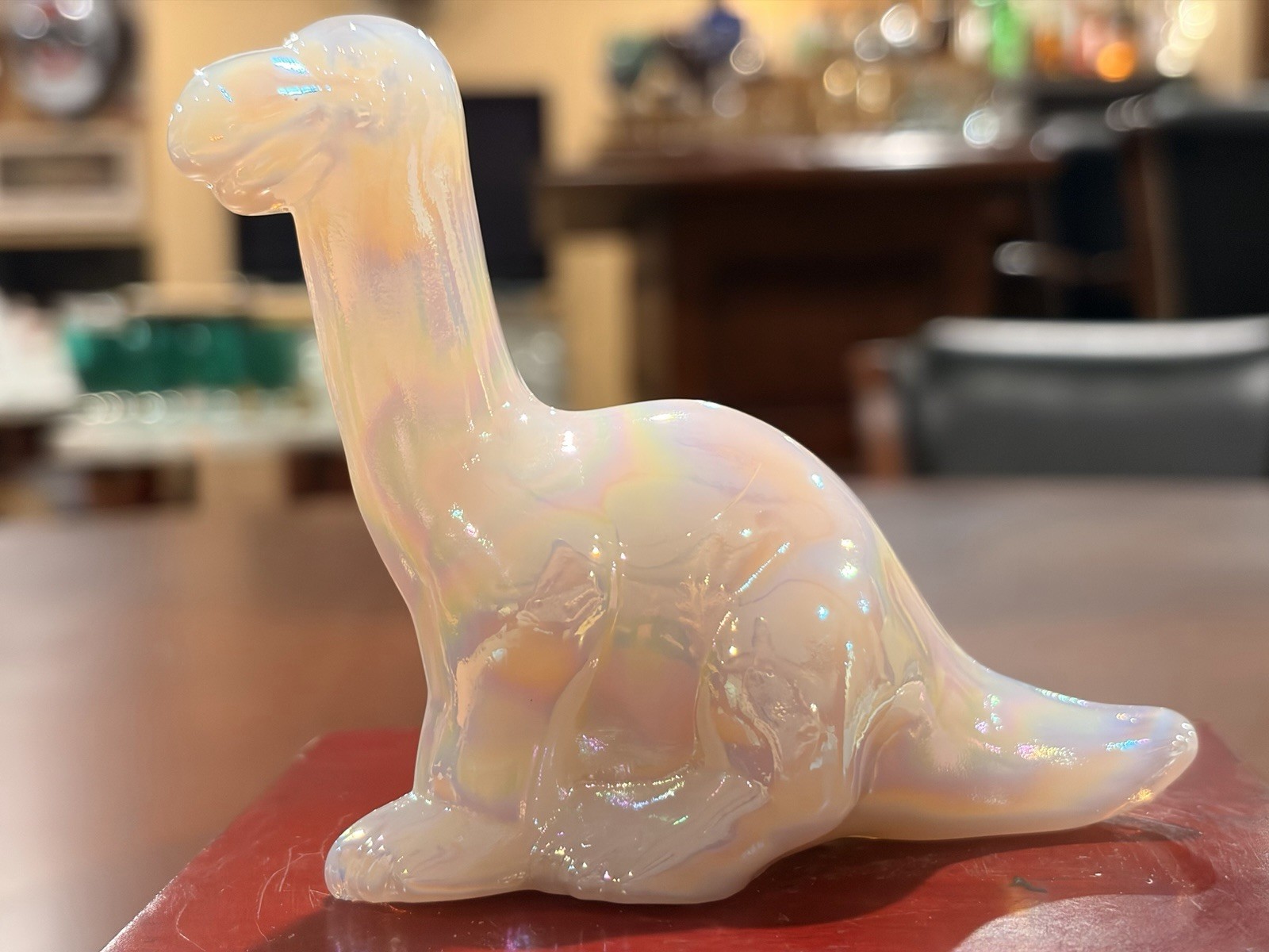 Vintage Fenton Rosalene Pink Opaline Glass Dinosaur Figurine Iridescent MOP 3.5