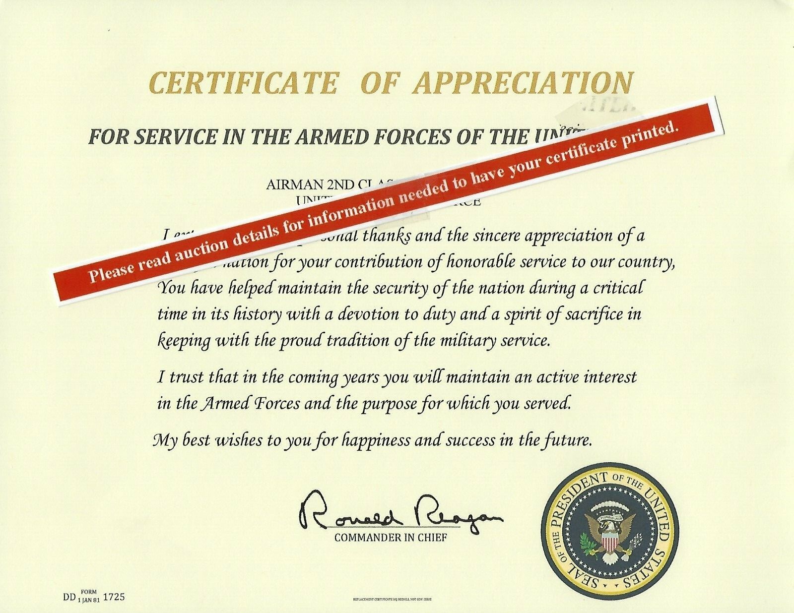Certificate of Appreciation Replacement,  U.S. Presidents Thank you Letter 