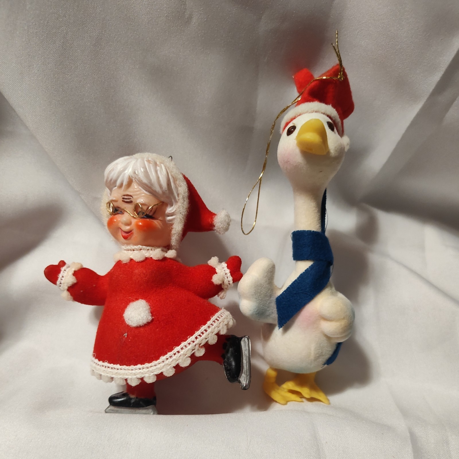 Vintage 1960s Mrs. Claus & Goose Flocked Christmas Ornaments Vintage 1960s Mrs. Claus & Goose Flocked Christmas Ornaments