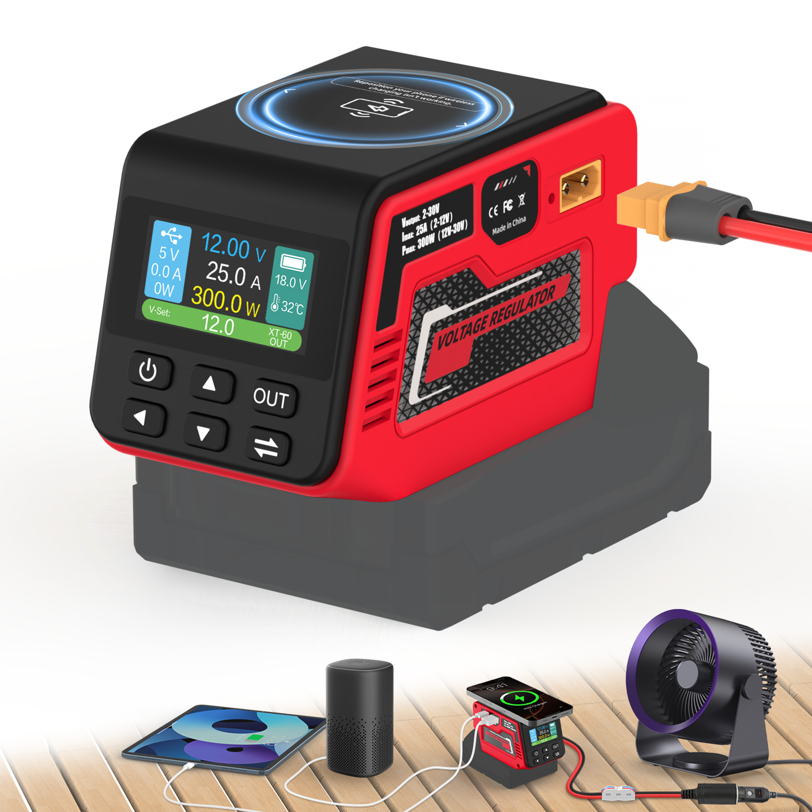 DC 2-30V Voltage Regulator Adapter For Milwaukee 18V Battery, 300W Output