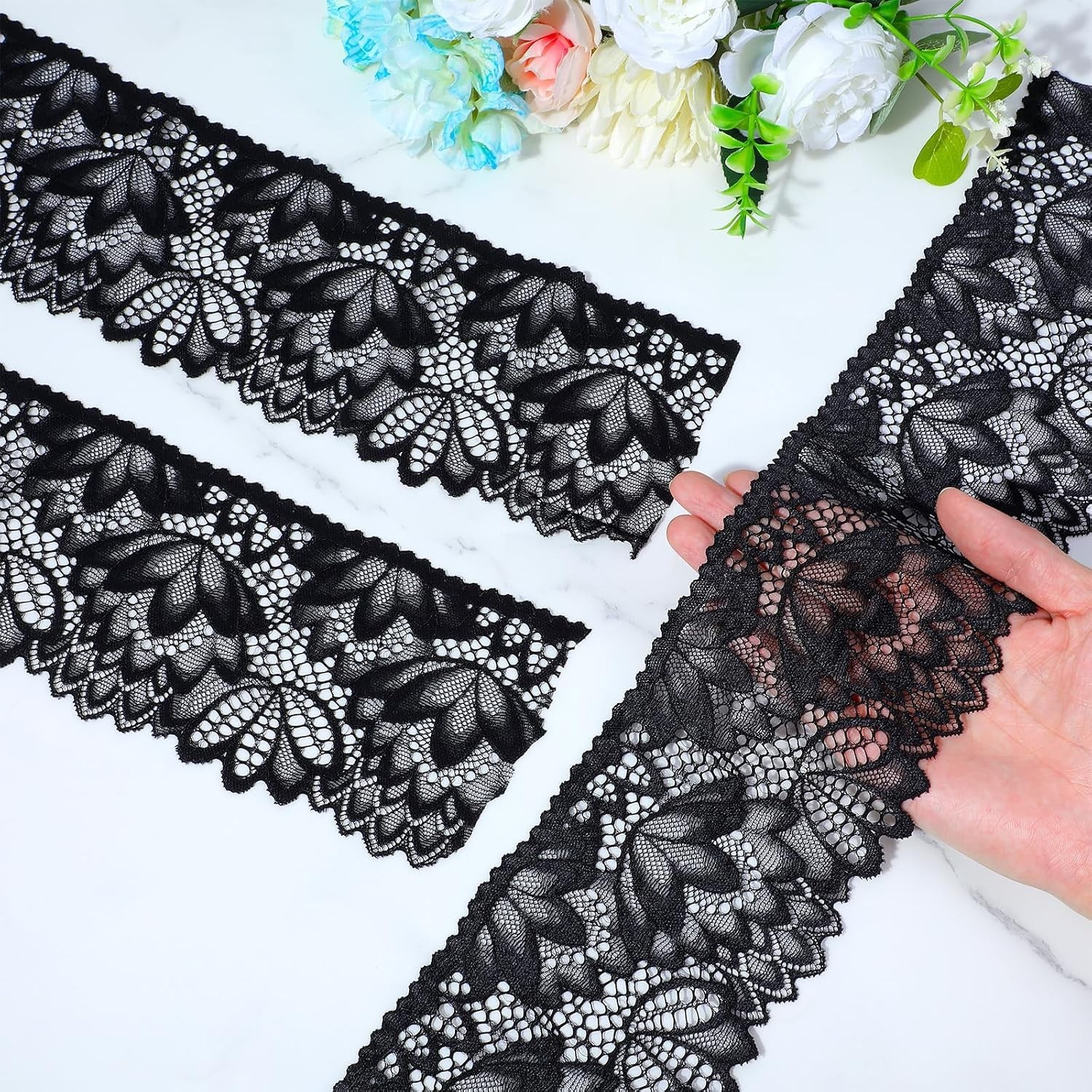 Black Lace Trim 5 Yards, 4 Inch Wide Stretch Lace Fabric Floral Embroidered