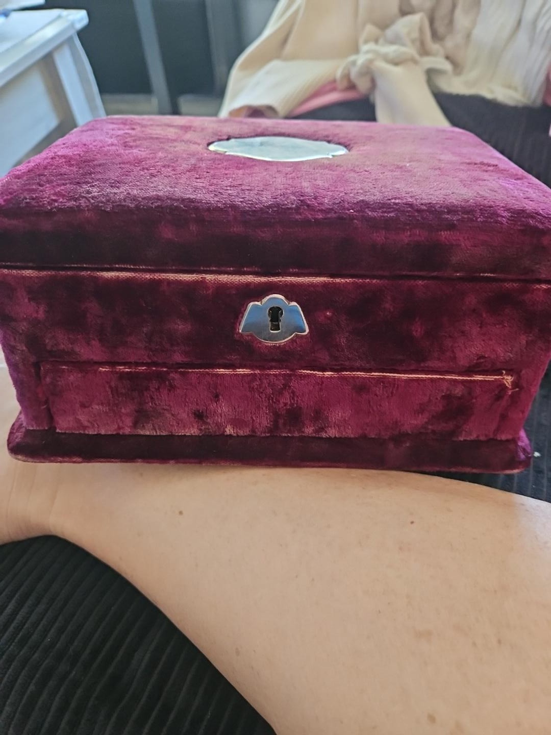 Antique Sewing Work Box Burgundy Velvet Mirror Hidden Compartment Key Vintage