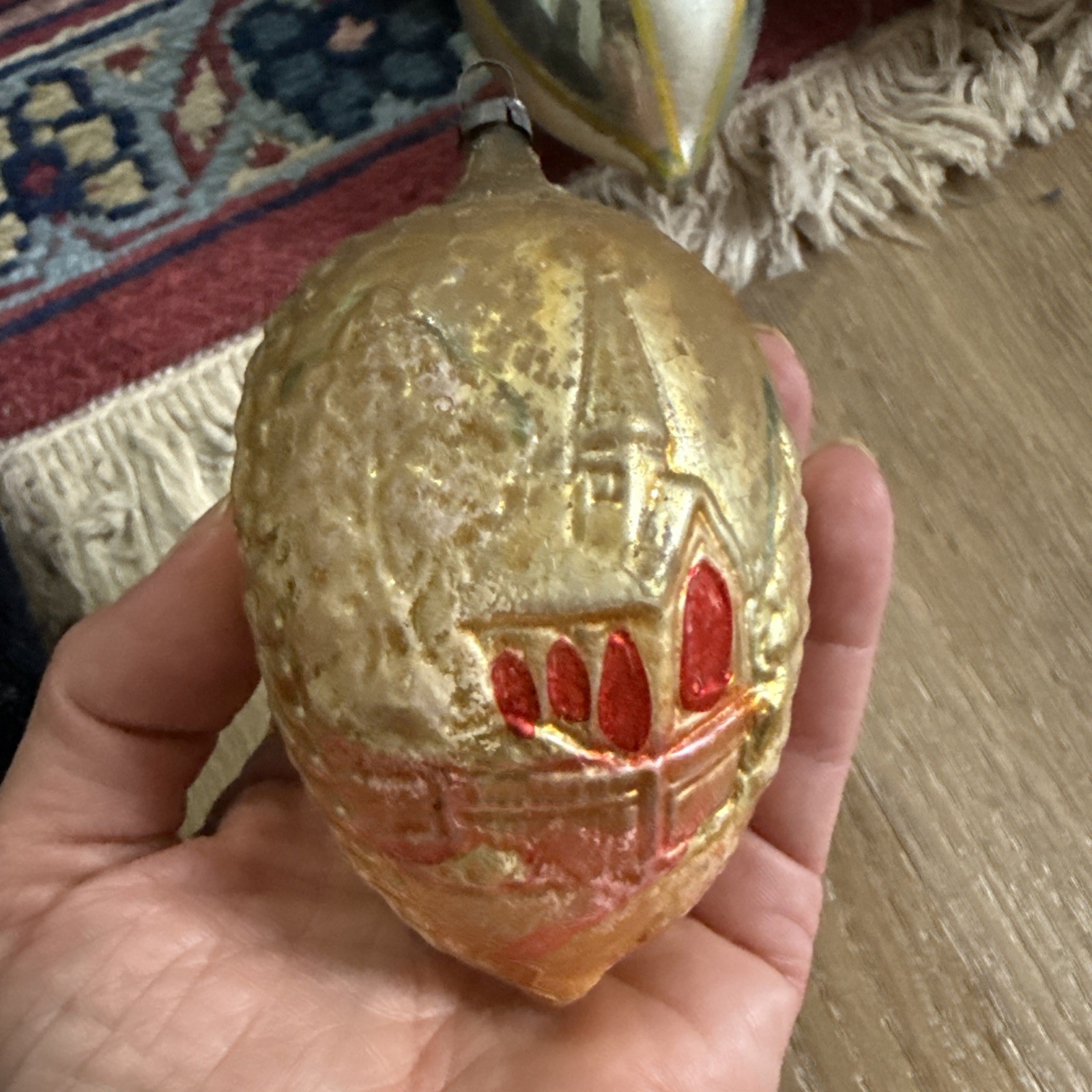 Antique German bumpy glass ornament church Oval Antique German Glass Ornament 4”