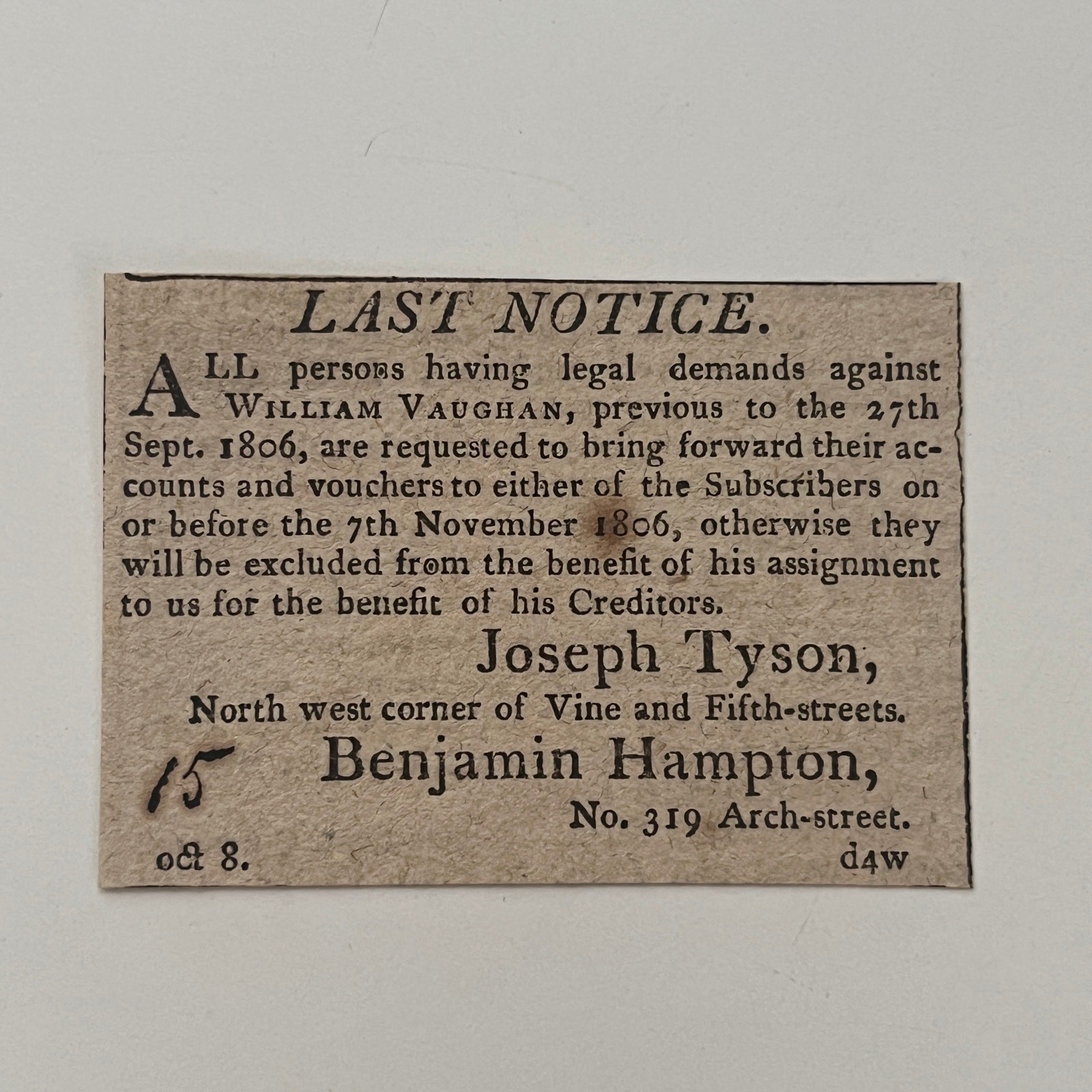Legal Demands William Vaughan B Hampton 1806 Philadelphia Clipping SAJ5-S37 Legal Demands William Vaughan B Hampton 1806 Philadelphia Clipping SAJ5-S37