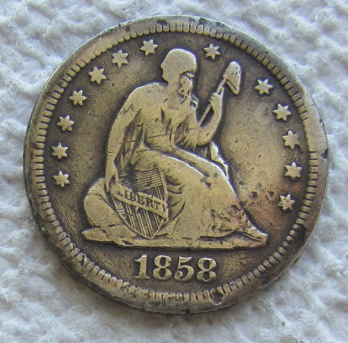1858-S  Seated Liberty Quarter Rare Key Date VF Damaged Cleaned Bold Liberty