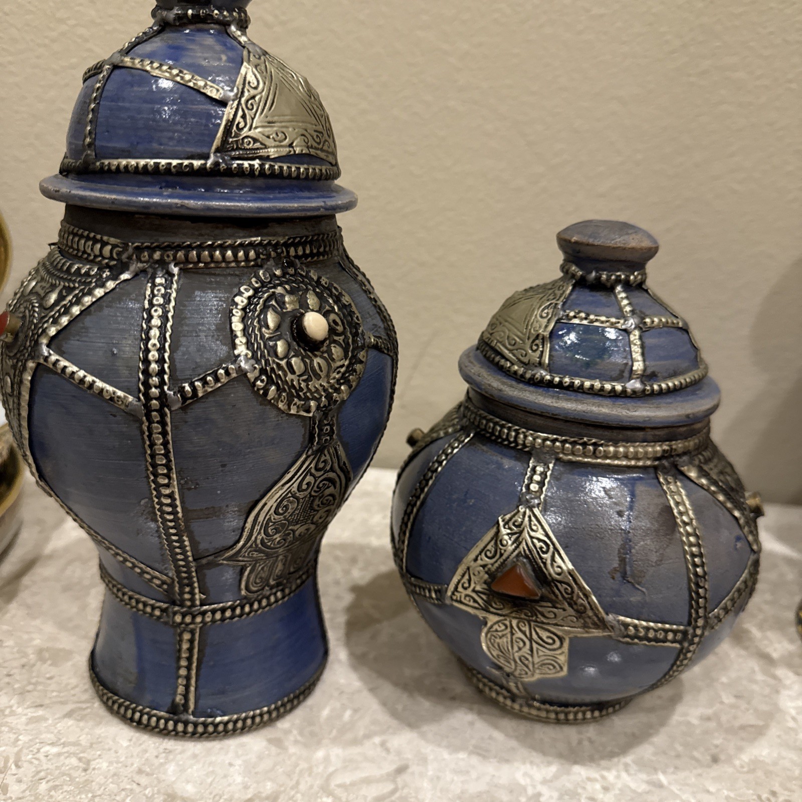 2 Early 20th Century Engraved Moroccan Blue Lidded Bowl Vintage 2 Early 20th Century Engraved Moroccan Blue Lidded Bowl Vintage