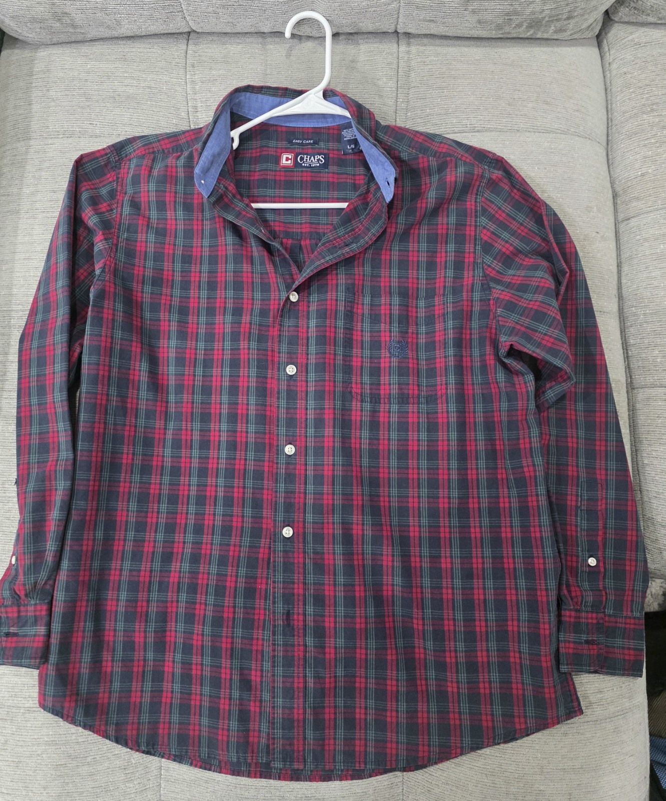 Ralph Lauren Chaps Shirt Mens Large Blue Plaid Easy Care Long Sleeve Casual