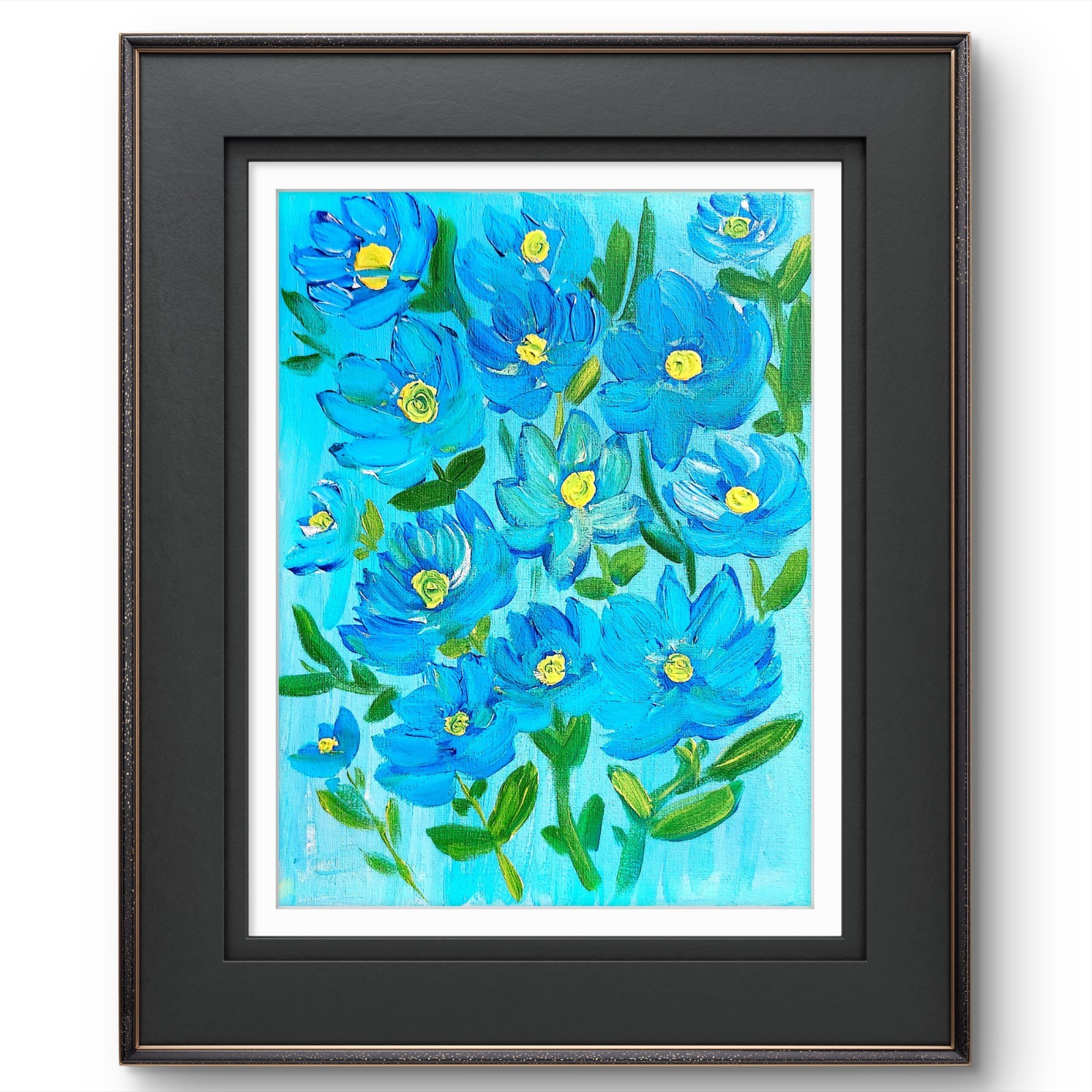  Blue Floral Acrylic Painting Modern Flower Art 11x14 Original