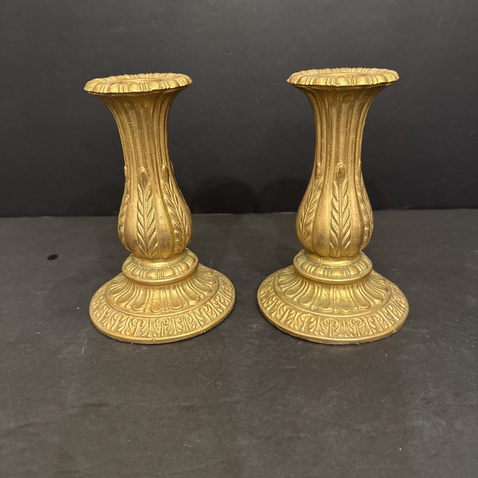 Vintage Pair Of Ornate Baroque Style Brass Heavy Gold Candleholders 6” H By 4” W Vintage Pair Of Ornate Baroque Style Brass Heavy Gold Candleholders 6” H By 4” W