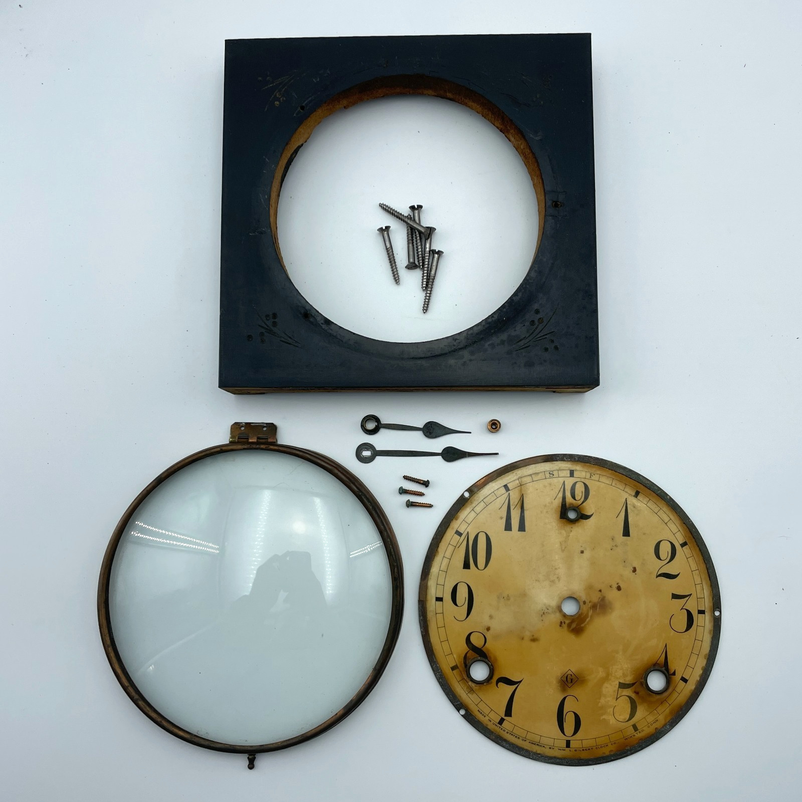 GILBERT Antique Mantel Clock Dial Bezel Convex Glass Hands Face Parts 1914