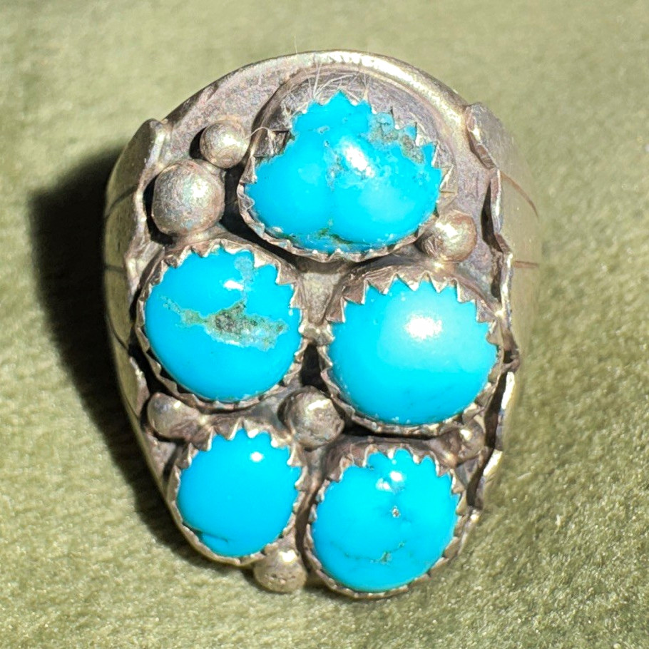 Vintage Navajo Sterling Silver Turquoise Cluster Ring Heavy Saddle Mens S10/10.5 Vintage Navajo Sterling Silver Turquoise Cluster Ring Heavy Saddle Mens S10/10.5