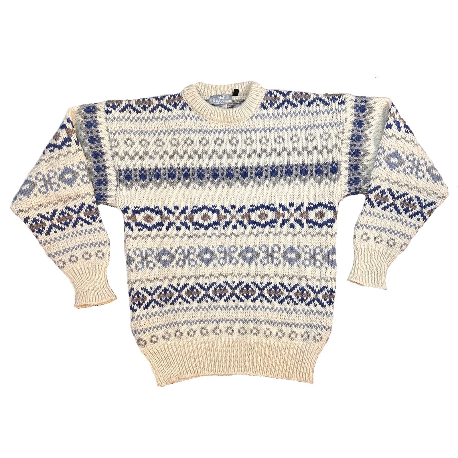 Vintage Moffat Woolens 100% Pure Wool Knit Sweater Mens M Fair Isle Nordic Blue