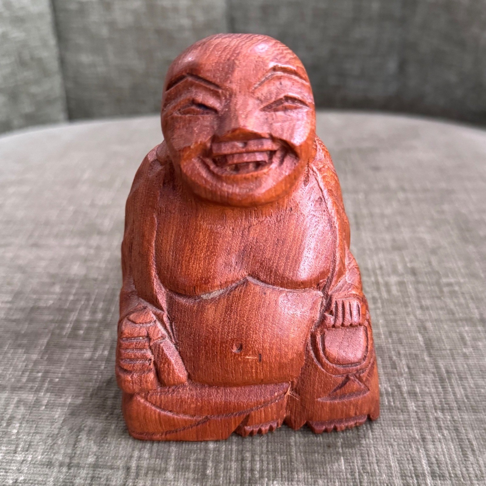 VTG Hand Carved Wood Laughing Buddha Figurine 4\
