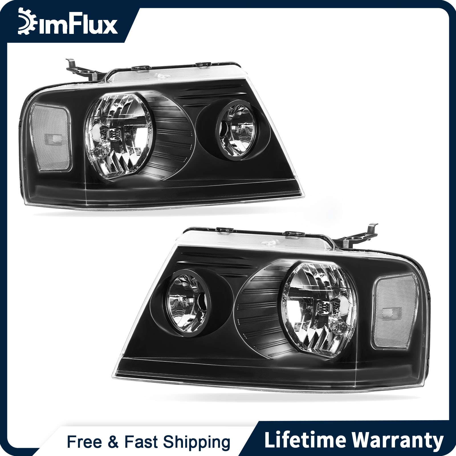 DimFlux Headlights for 04-08 F150 06-08 Lincoln LT Clear Reflector Black Housing DimFlux Headlights for 04-08 F150 06-08 Lincoln LT Clear Reflector Black Housing