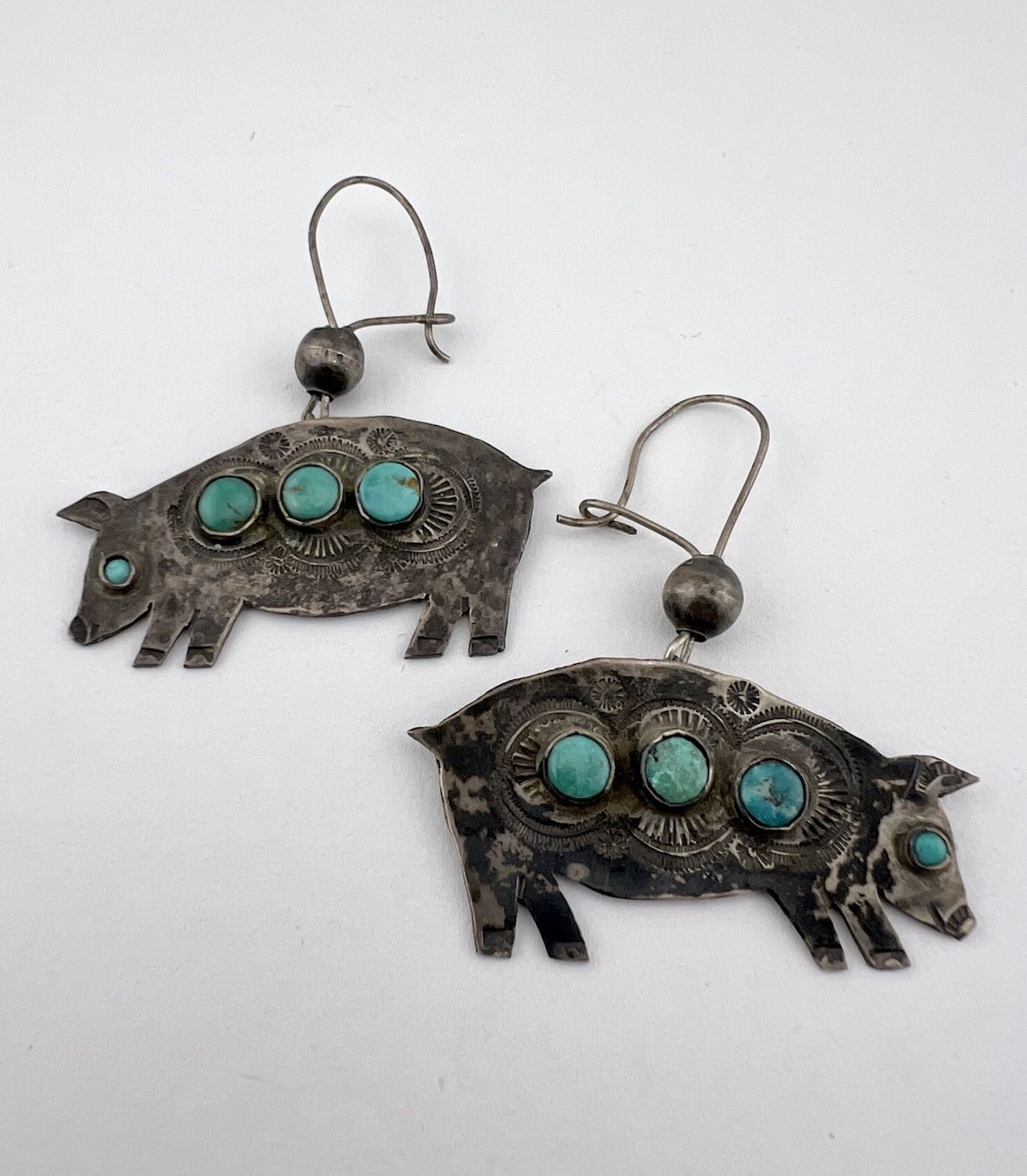 RARE Vintage Fred Harvey Era Navajo Sterling Turquoise Stamped Hog Pig Earrings