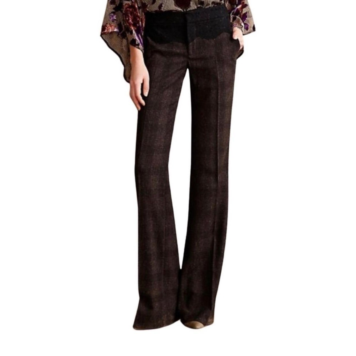 Anthropologie Elevenses The Brighton Plaid Lace Waist Wide Leg Trousers Size 2