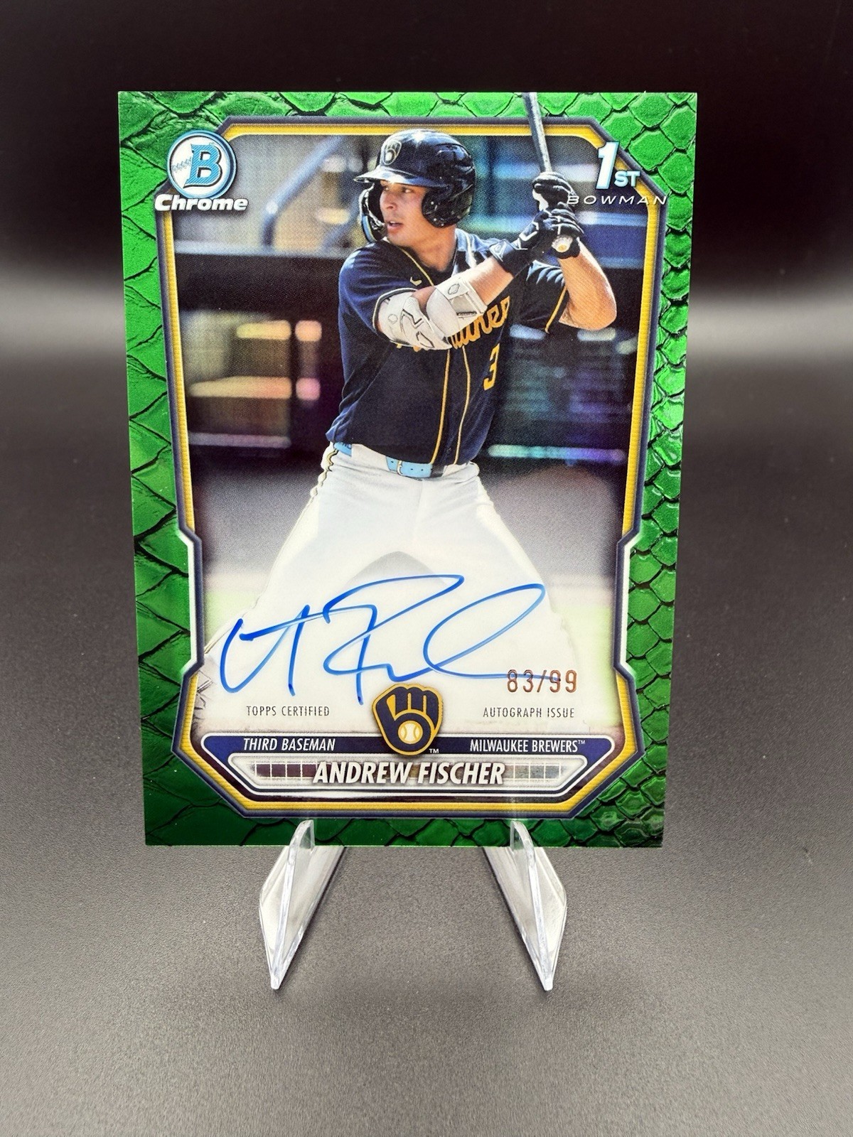 2026 Bowman Andrew Fischer 1st Chrome Green Reptilian Auto /99 Brewers CPA-AF