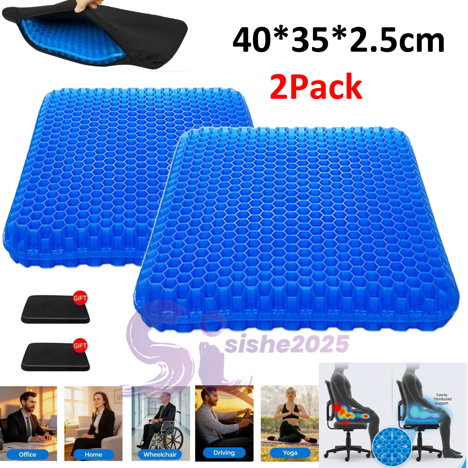 2 Pack Honeycomb Gel Seat Cushion 40*35*2.5cm Cooling Pad Orthopedic Support US