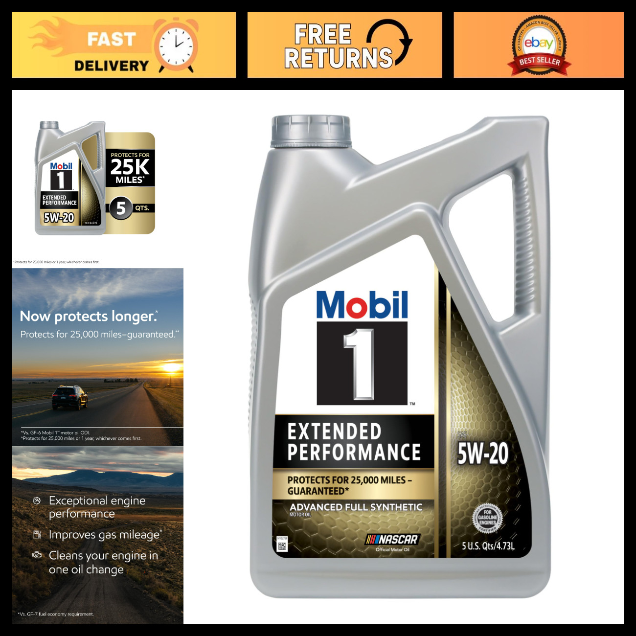 Full Synthetic Motor Oil 5W-20, Extended Performance, 5 Quart, Engine Oil, Auto