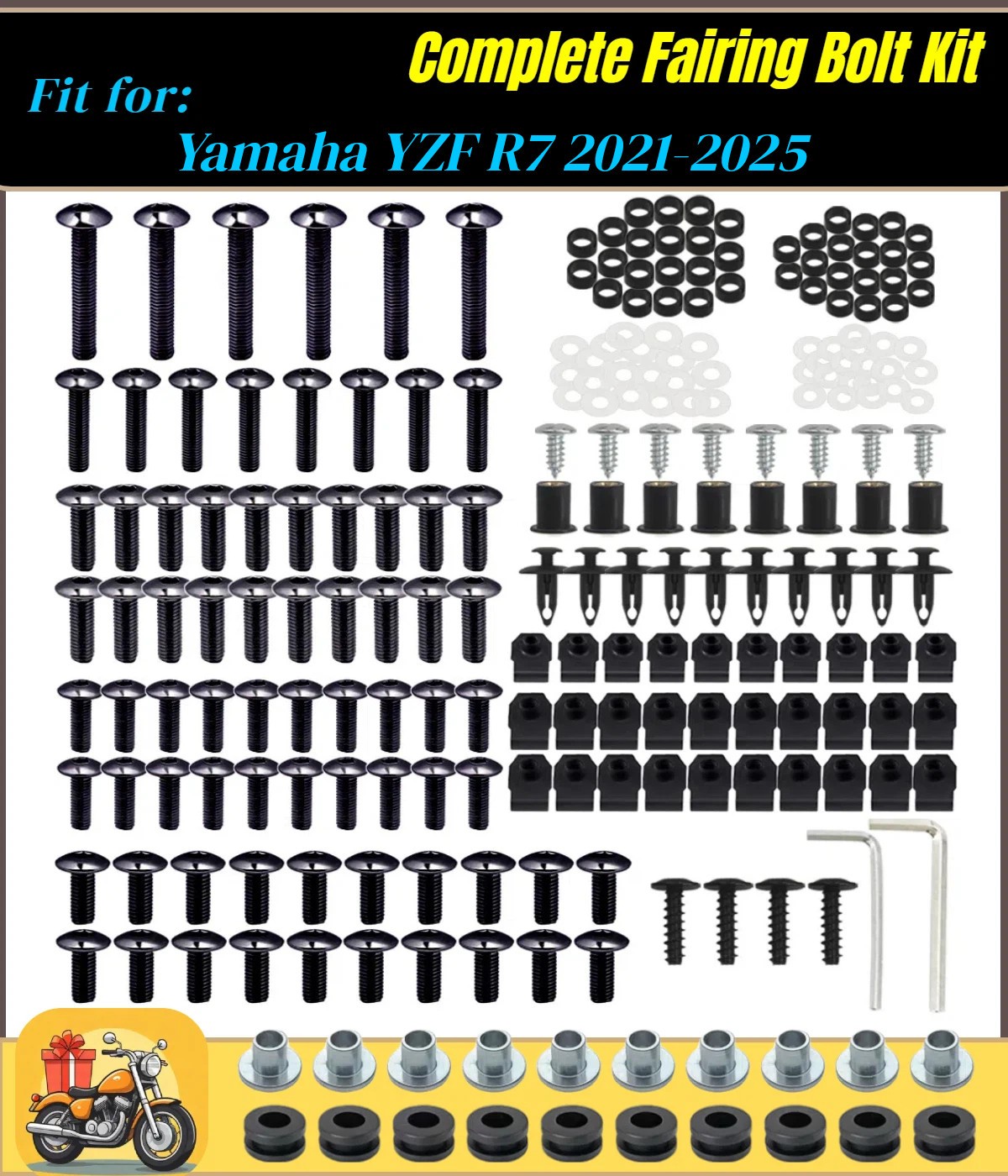 Black Complete Fairing Bolts Kit Bodywork Screws Set for Yamaha 2021-2025 YZF R7