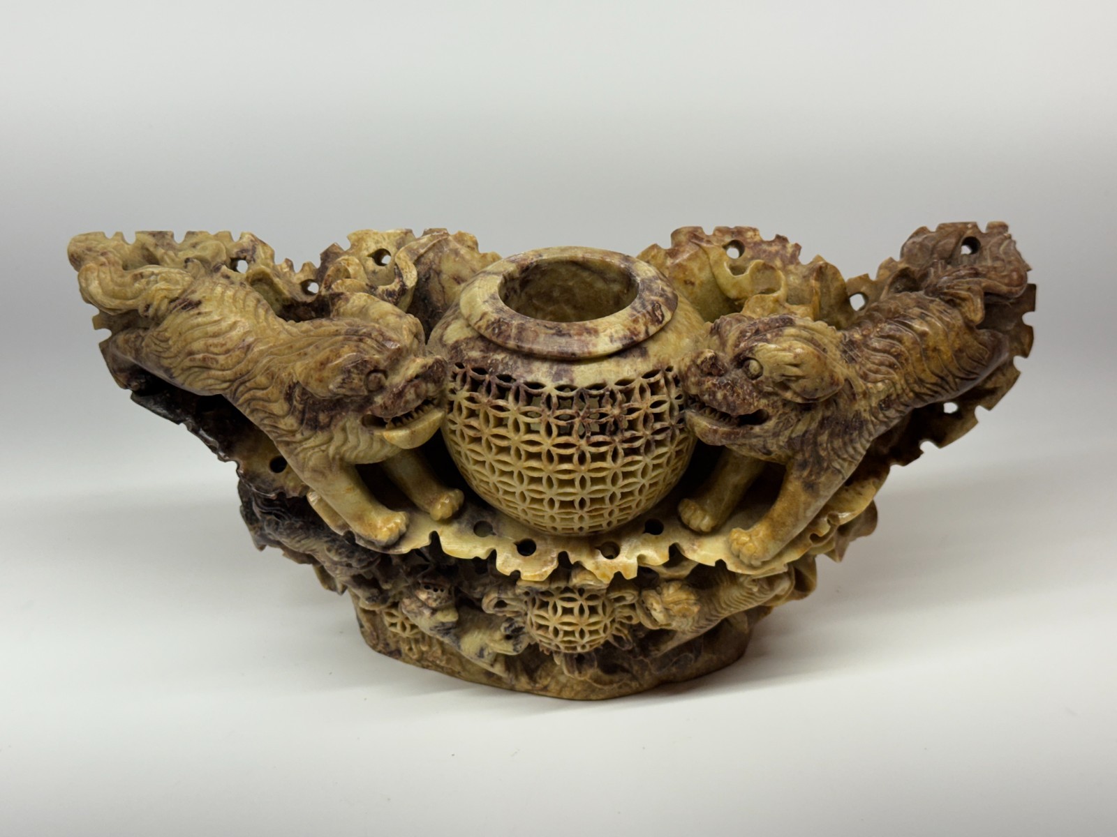 Vintage Hand Carved Soapstone/Steatite Incense Burner, Foo Dogs - China 12x5.5\ Vintage Hand Carved Soapstone/Steatite Incense Burner, Foo Dogs - China 12x5.5\