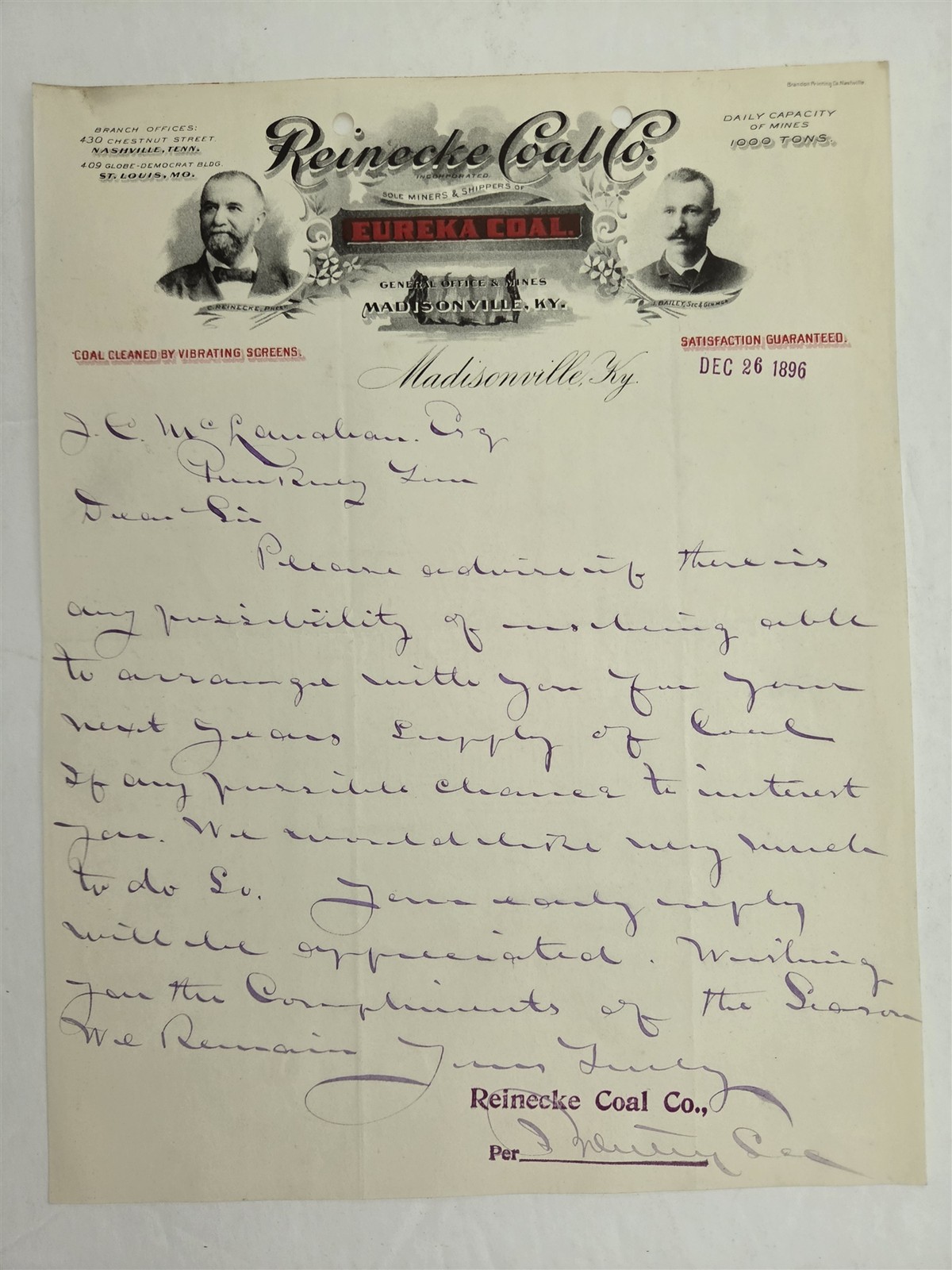 1896 antique REINECKE COAL Co madisonville ky EUREKA COAL MINING LETTERHEAD