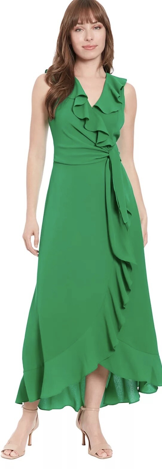 London Times Women's Flowly Feminie Ruffle Hi-Low Hem Faux Wrap Crepe Maxi Dress