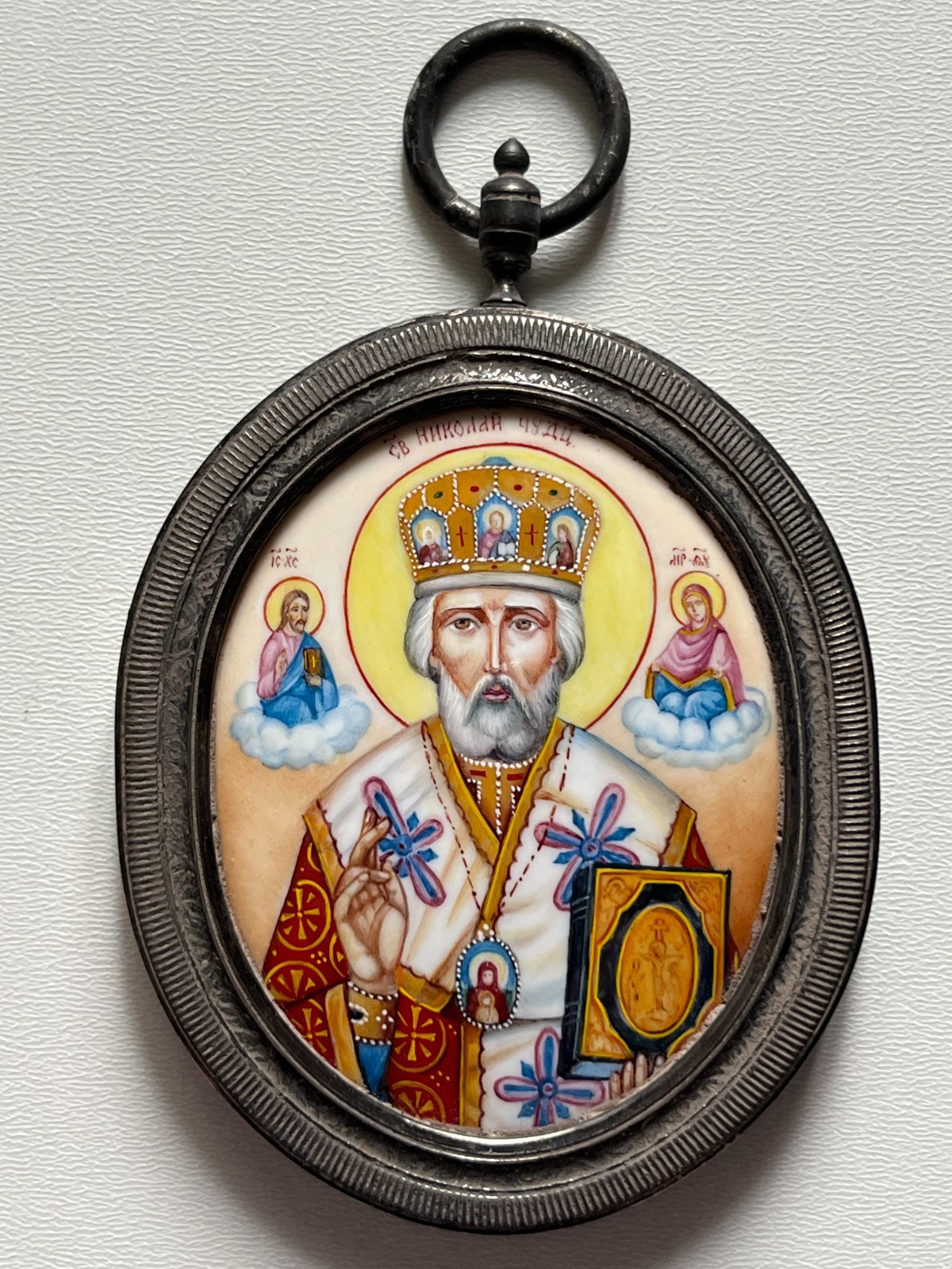 Old Russian icon of Saint Nicholas the Wonderworker. Rostov -Finnift ,enamel.