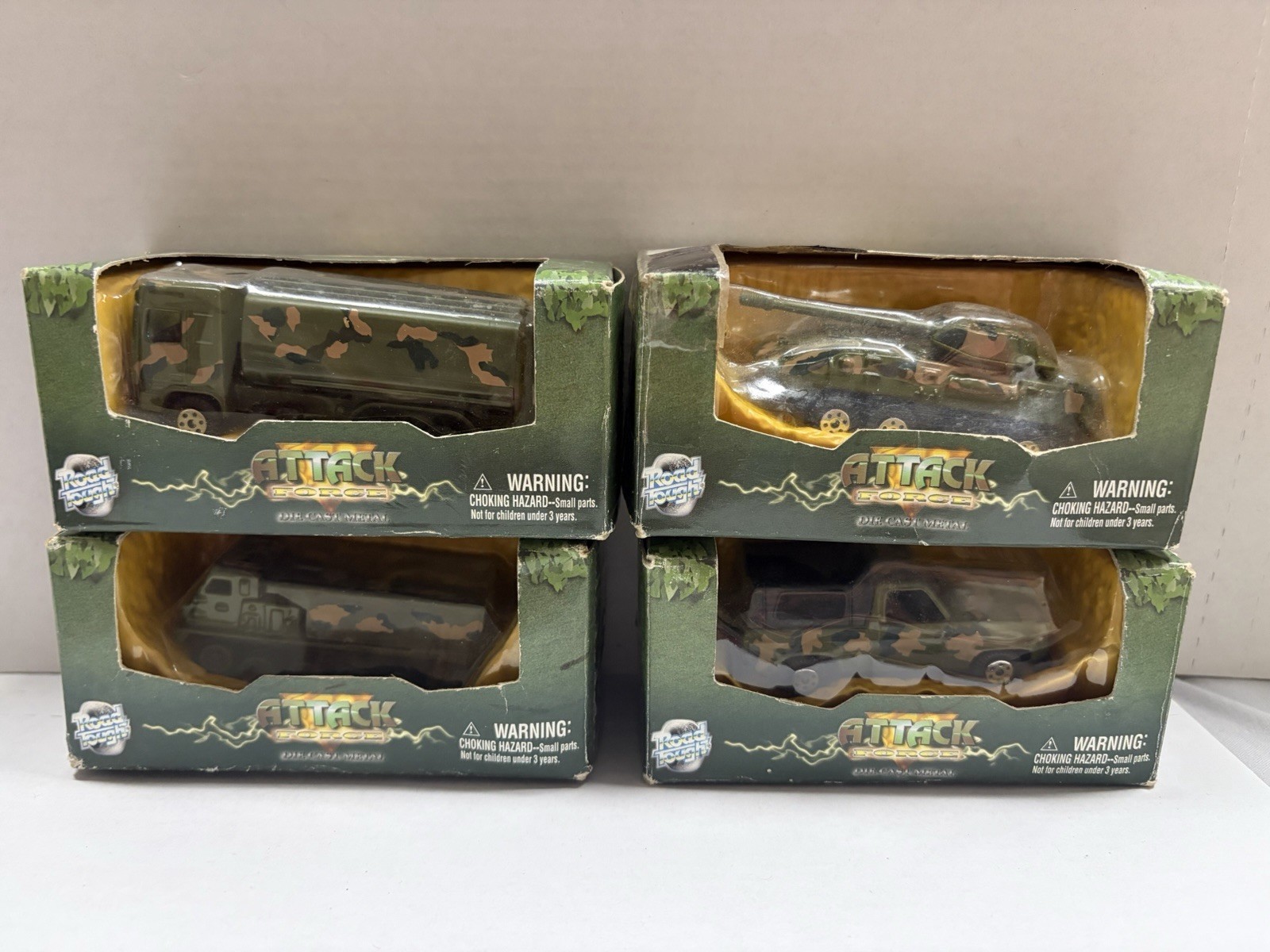 4 Vintage Yat Ming Attack Force Die Cast Military vehicles Boxed Camo Road Tough 4 Vintage Yat Ming Attack Force Die Cast Military vehicles Boxed Camo Road Tough