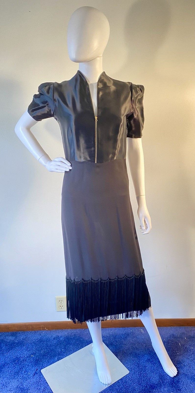 A Vintage Black Satin And Crepe Fringed Cocktail Dress With Zip Front TopC1930s A Vintage Black Satin And Crepe Fringed Cocktail Dress With Zip Front TopC1930s