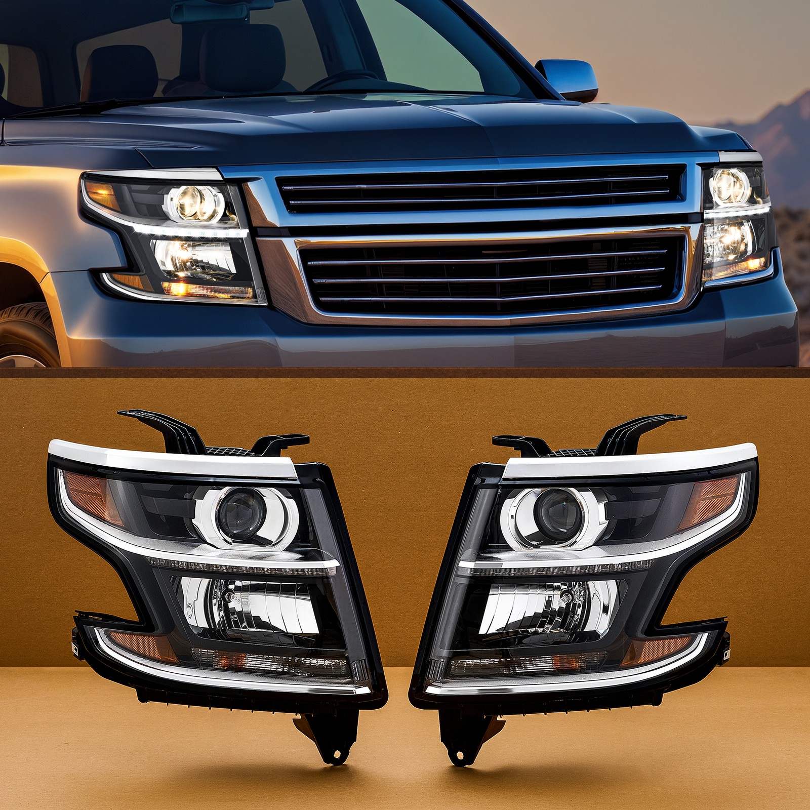 Pairs of Projector Headlights for 2015-2020 Chevy Tahoe Suburban LED DRL Halogen Pairs of Projector Headlights for 2015-2020 Chevy Tahoe Suburban LED DRL Halogen
