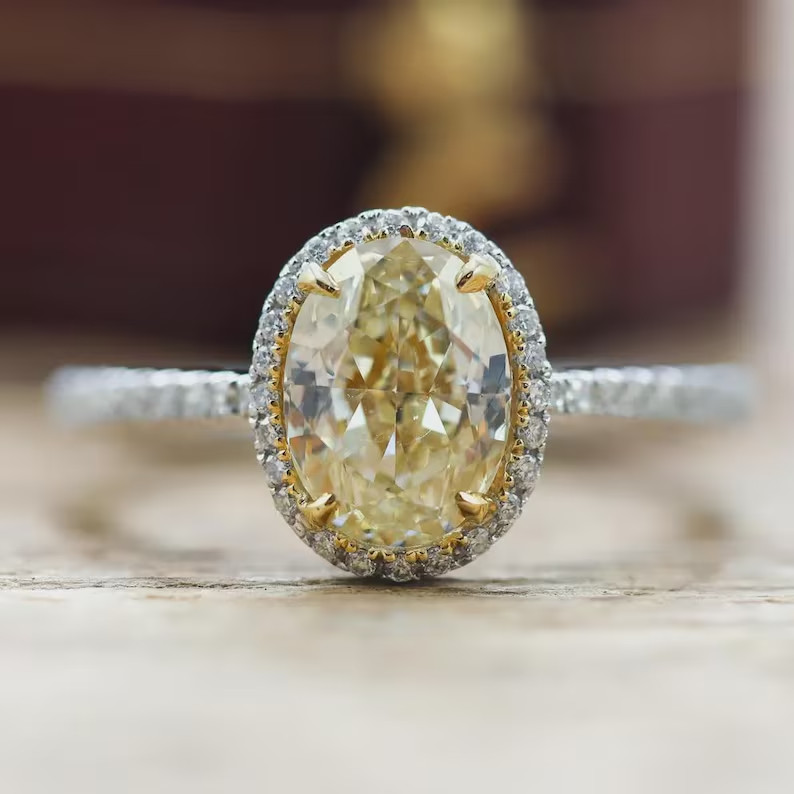 Oval Cut Yellow simulated Engagement Ring: 14K Gold plated Halo, Handmade ring