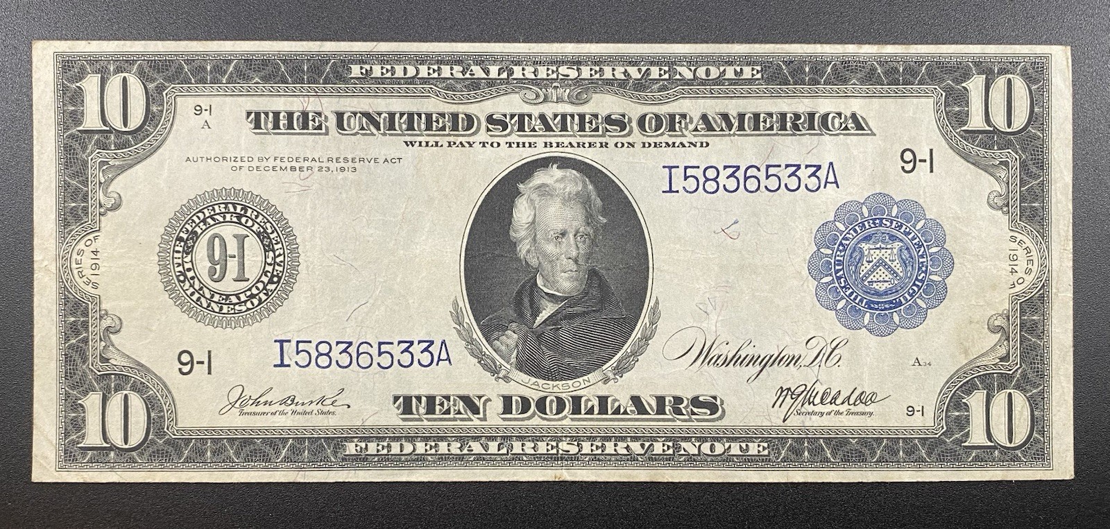 1914 $10 Minneapolis Federal Reserve Note Fr#936 1914 $10 Minneapolis Federal Reserve Note Fr#936